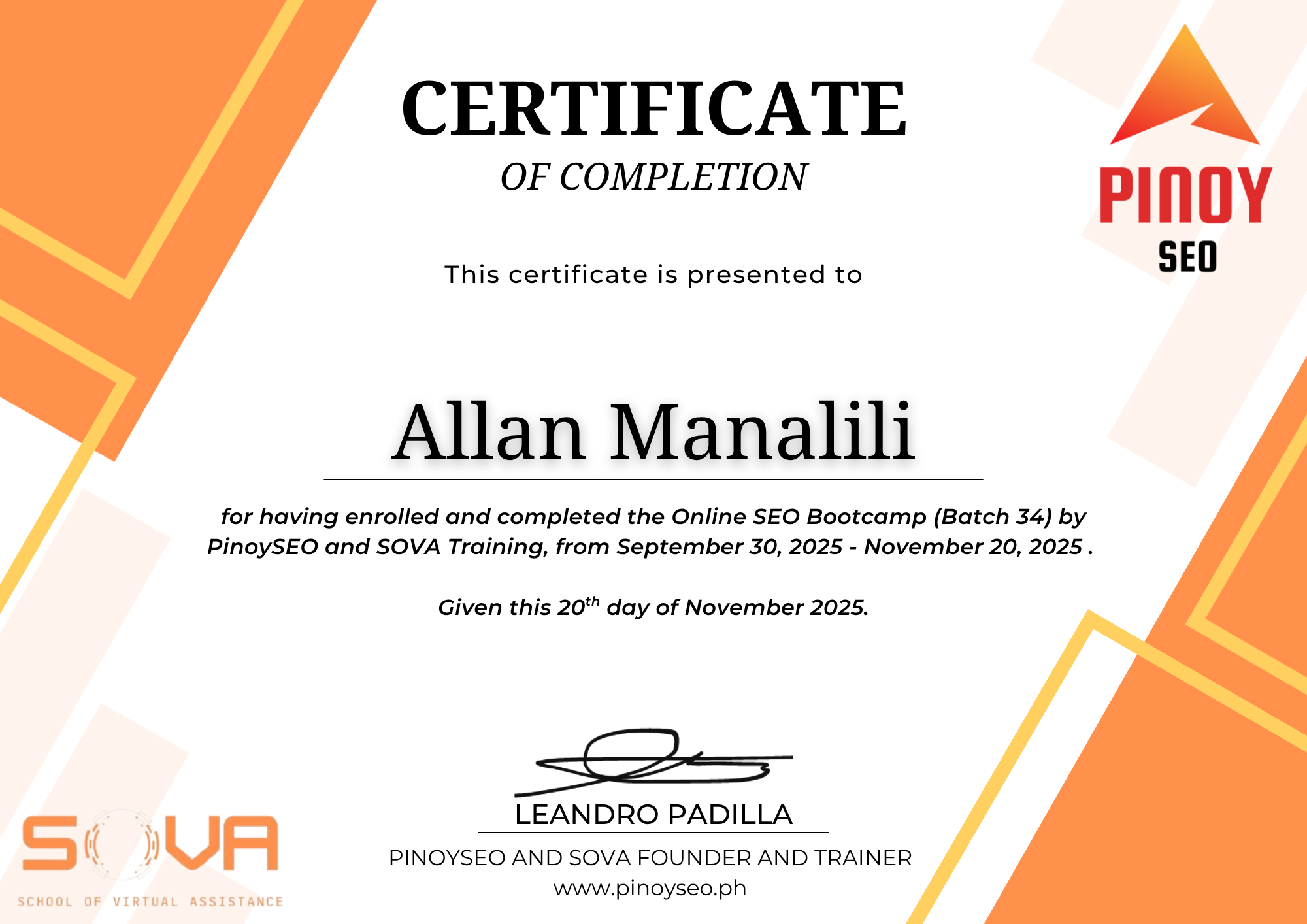 A SEO Training Certificate from PinoySEO