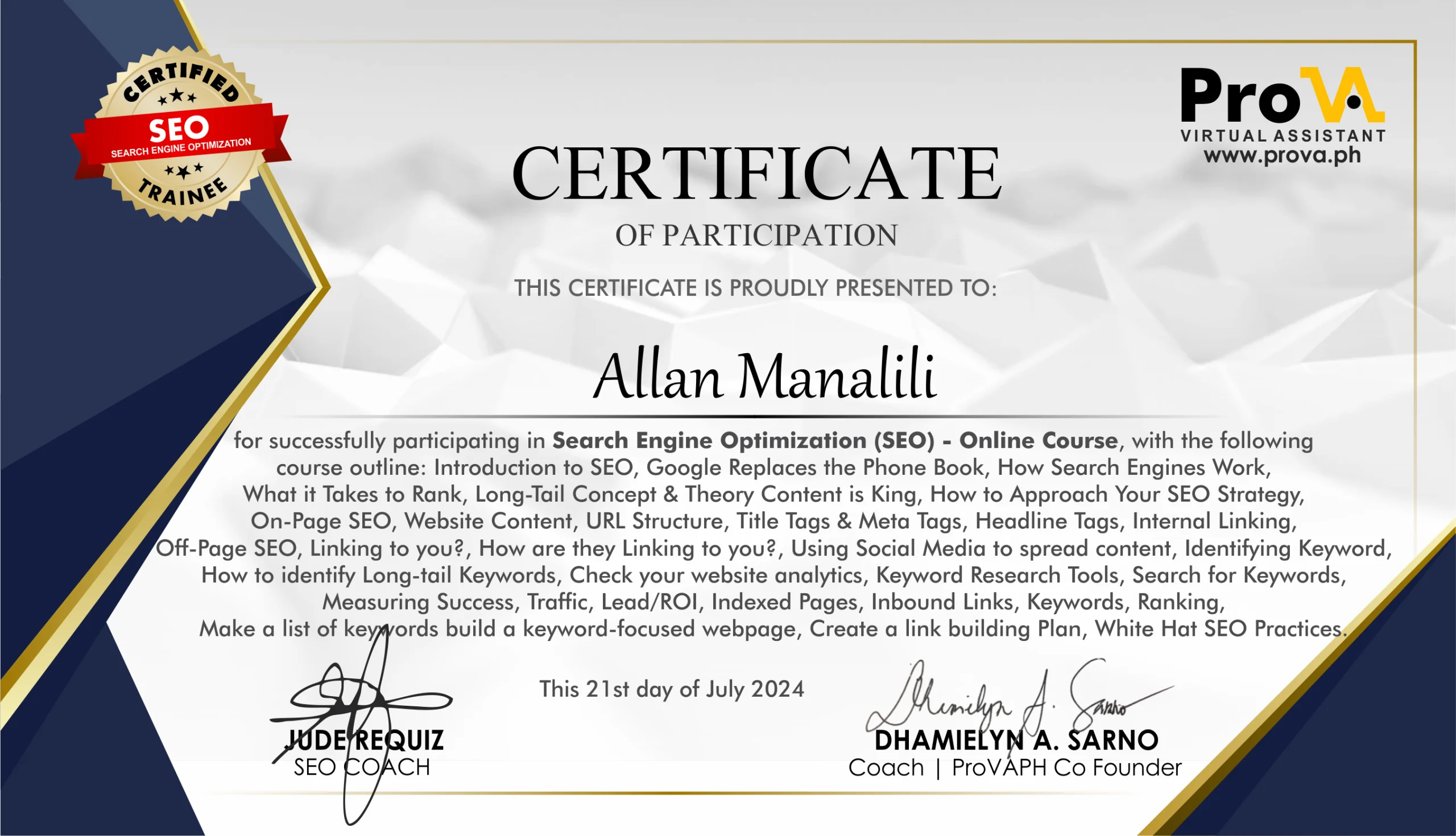 A SEO Training Certificate from ProVA