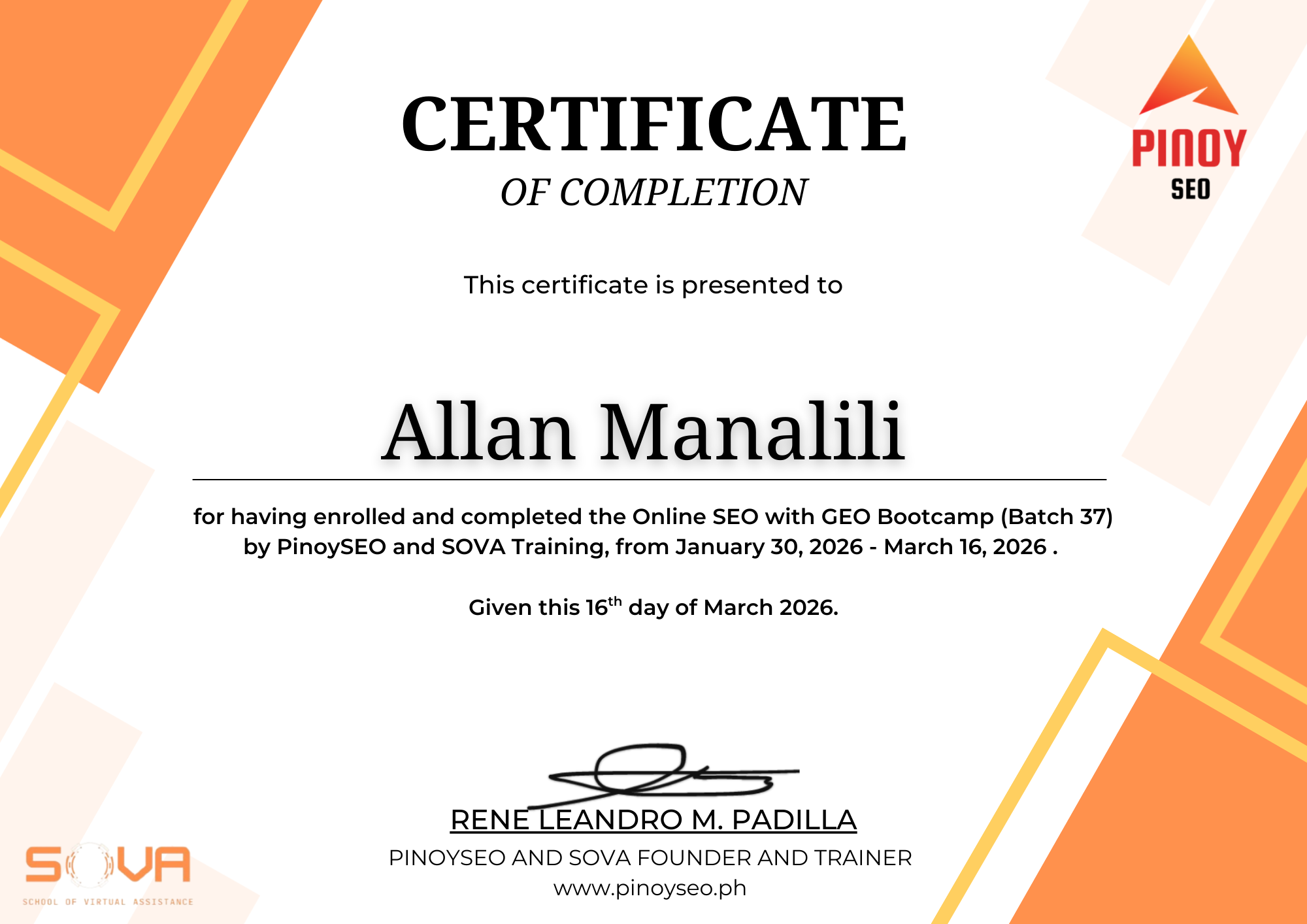 a certificate image for SEO and GEO bootcamp